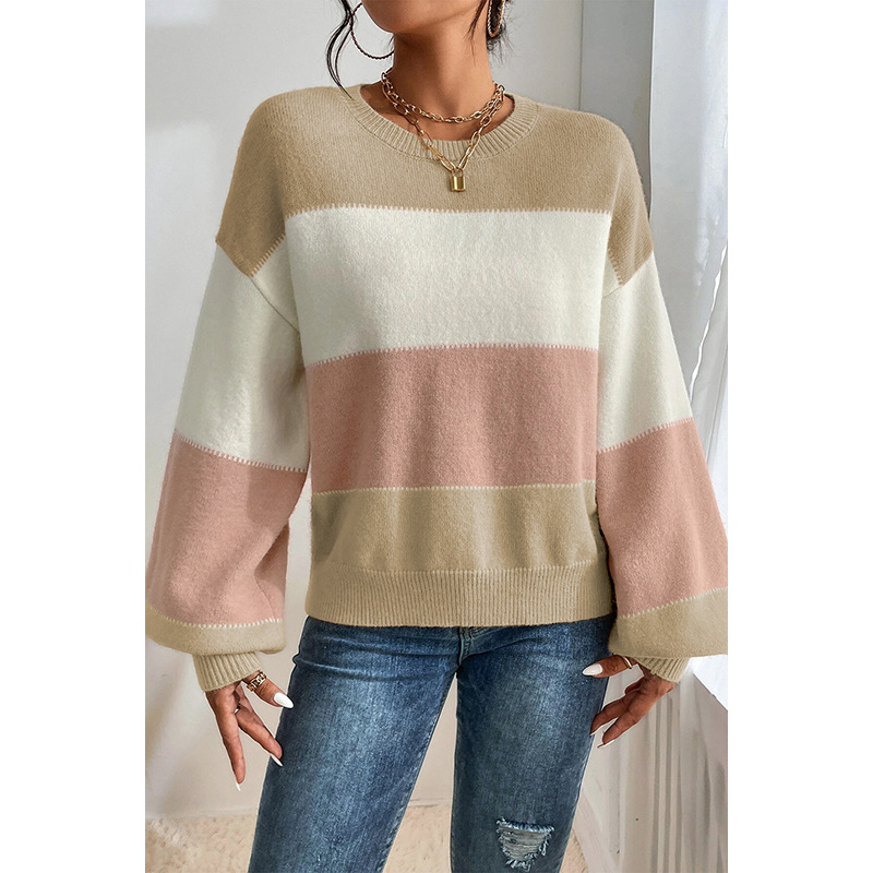 color-block-crew-neck-sweater-casual-loose-shoulder-lantern-sleeve-pullover-women