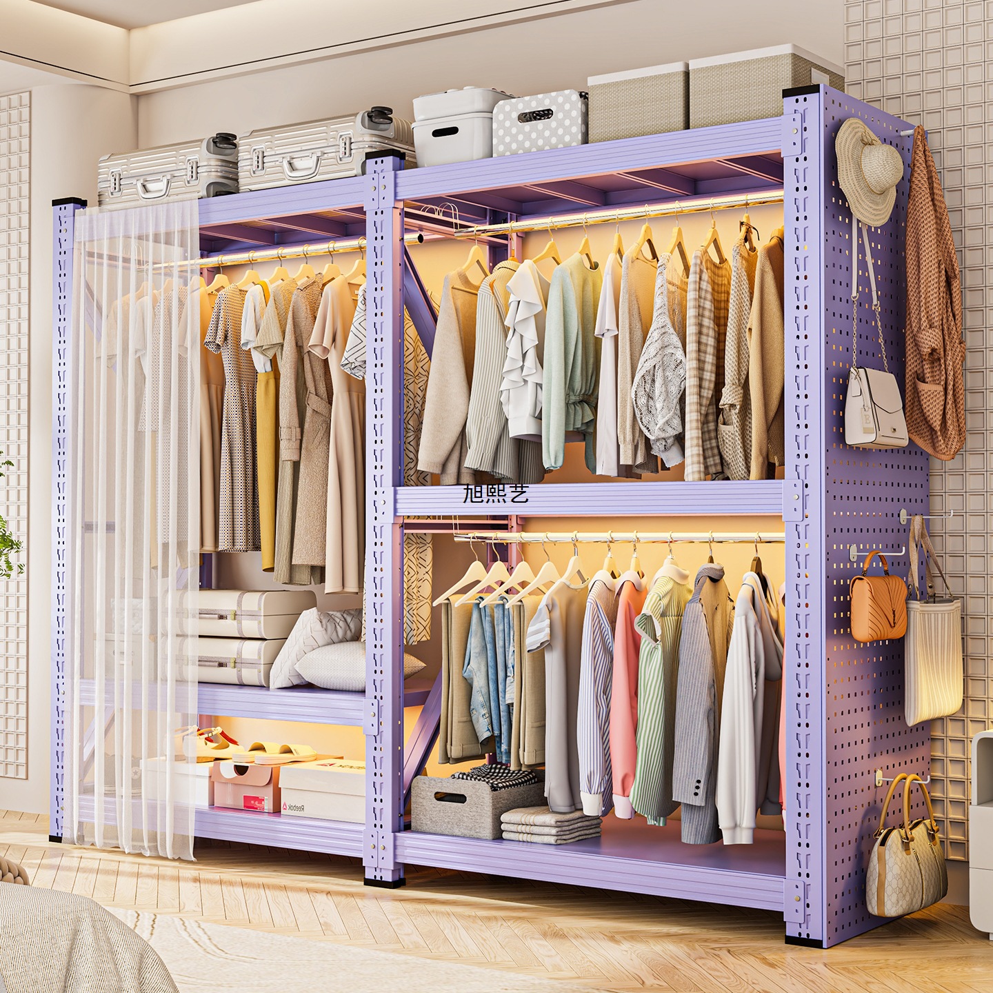 Open-Style Home Wardrobe Simple Assembly Metal Coat Rack Pegboard Combination Hanger Bedroom Rental Closet