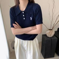 翻领短袖针织衫女2025年夏季小个子轻柔薄款设计感小众POLO领上衣