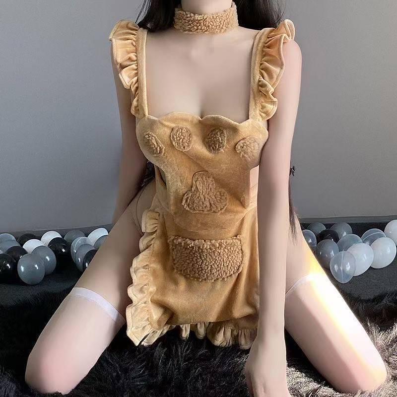 Plush Bear Maid Lingerie Set with Lace Hollow-out Bodysuit, Headband and Choker — detail image 6