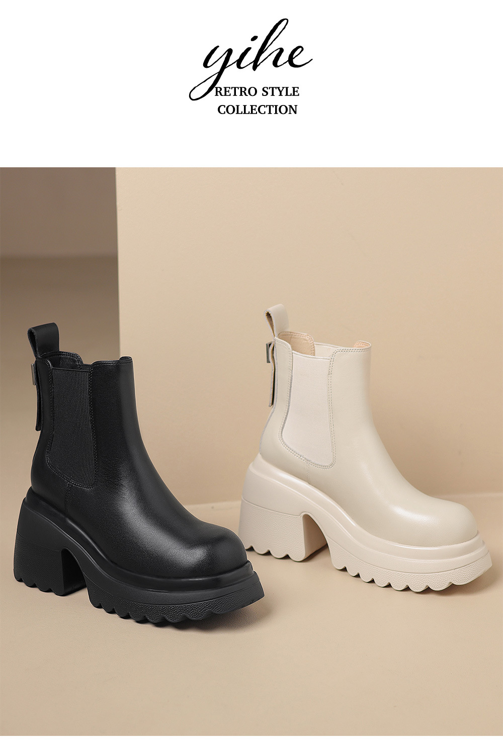 Boot Chelsea nữ da thật đế dày platform gót cao 9 cm mùa thu đông 2025 — Lớp lót đơn màu be, Lớp lót nhung đen, Lớp lót nhung màu be, Lớp lót đơn màu đen chi tiết 14