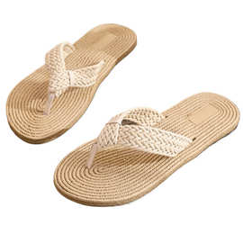 女士草编人字拖带足弓支撑瑜伽垫舒适夏季沙滩散步夹垫凉鞋一脚蹬