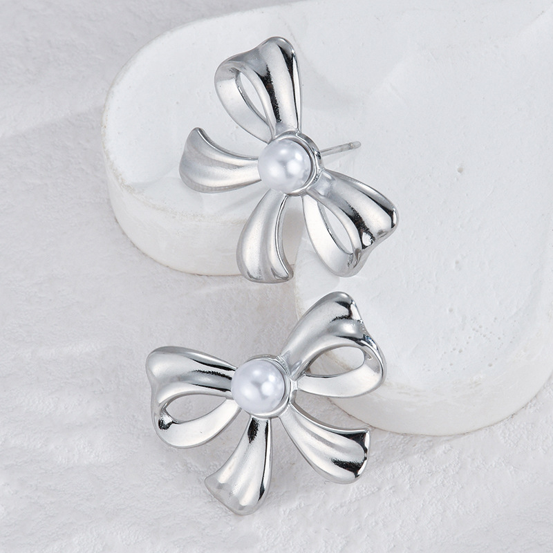 Rings, Earrings Classification Wholesale Jewelry IG Style Flower Bow Knot 304 Stainless Steel Pearl Inlay Rings Earrings