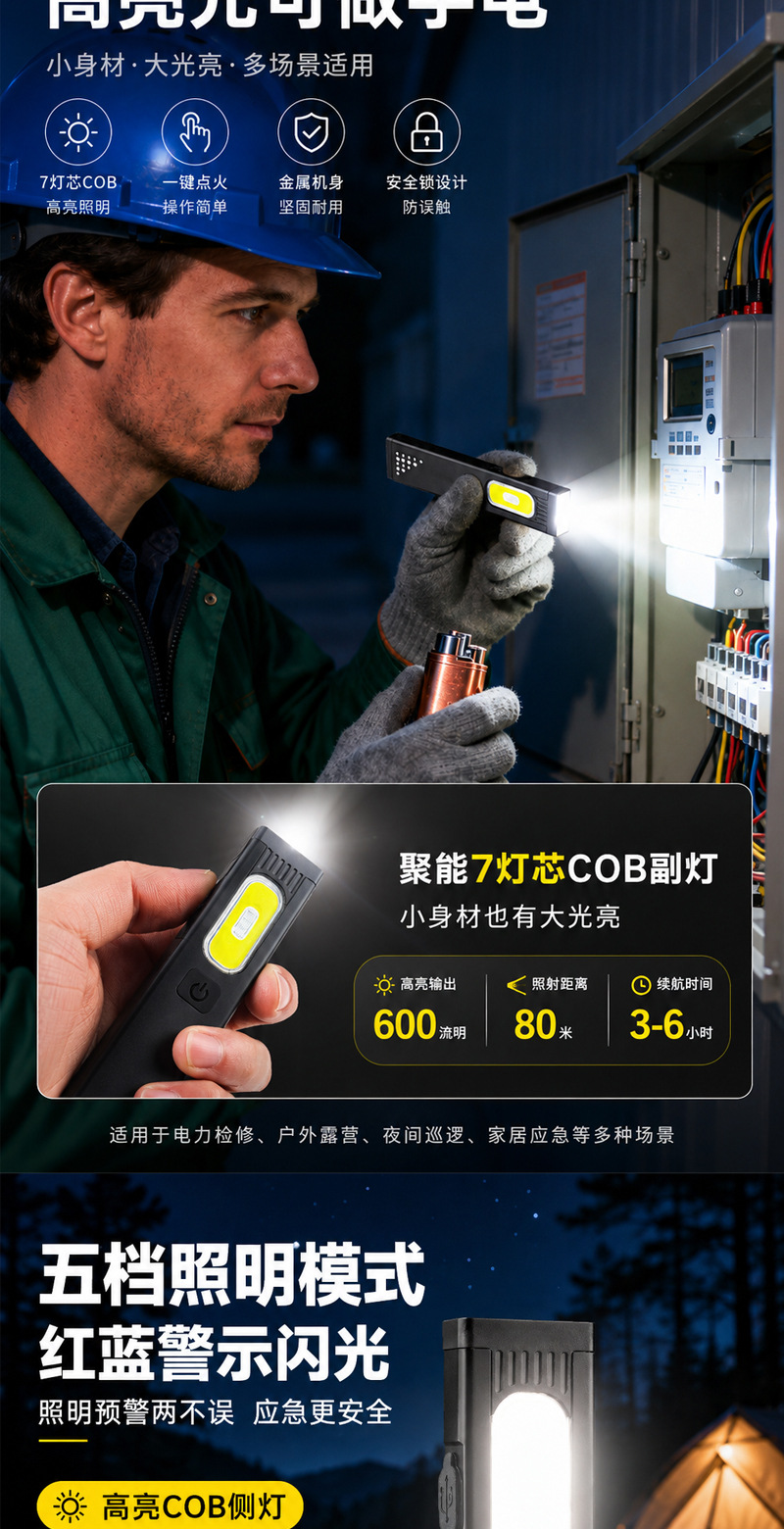 Cross-Border Hot-Selling Mini Aluminum Alloy Flashlight with Side Light, Portable Magnetic Led Work Light for Auto Repair
