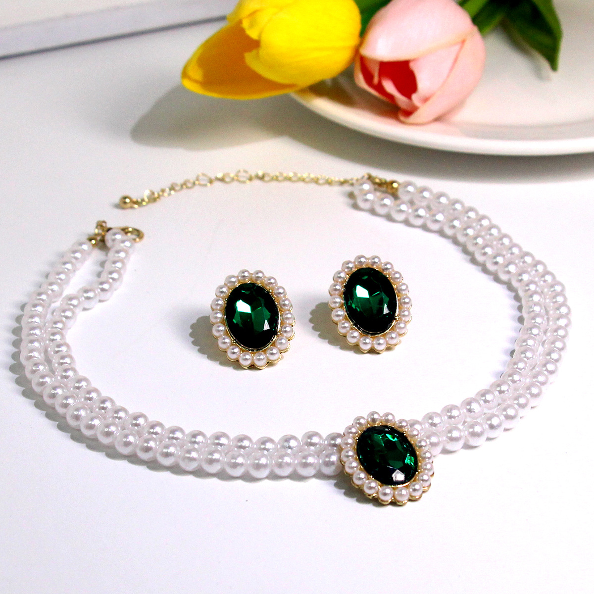 Earrings, Necklace Classification Elegant Luxurious Oval Artificial Crystal Imitation Pearl Beaded Women's Earrings Necklace