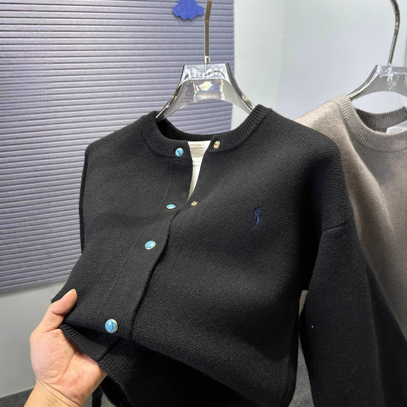 Turquoise Colorful Button Embroidered Knitted Cardigan Men's Autum High-End Lazy Style Casual Round Neck Sweater Jacket