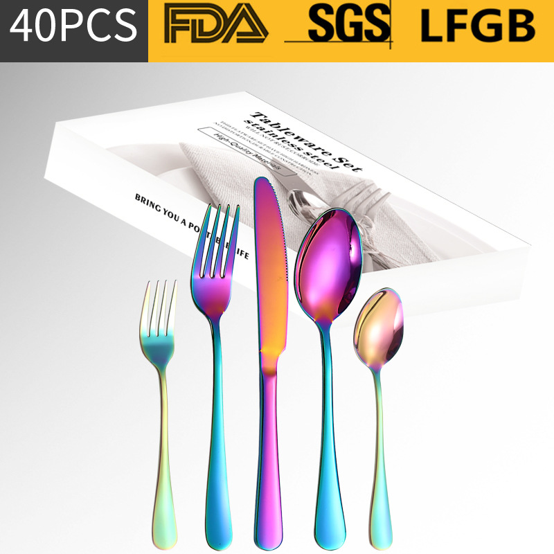 Amazon Venta caliente vajilla de acero inoxidable 20/40/60 unidades conjunto 1010 serie 5 piezas principales caja simple cuchillo, tenedor y cuchara traje