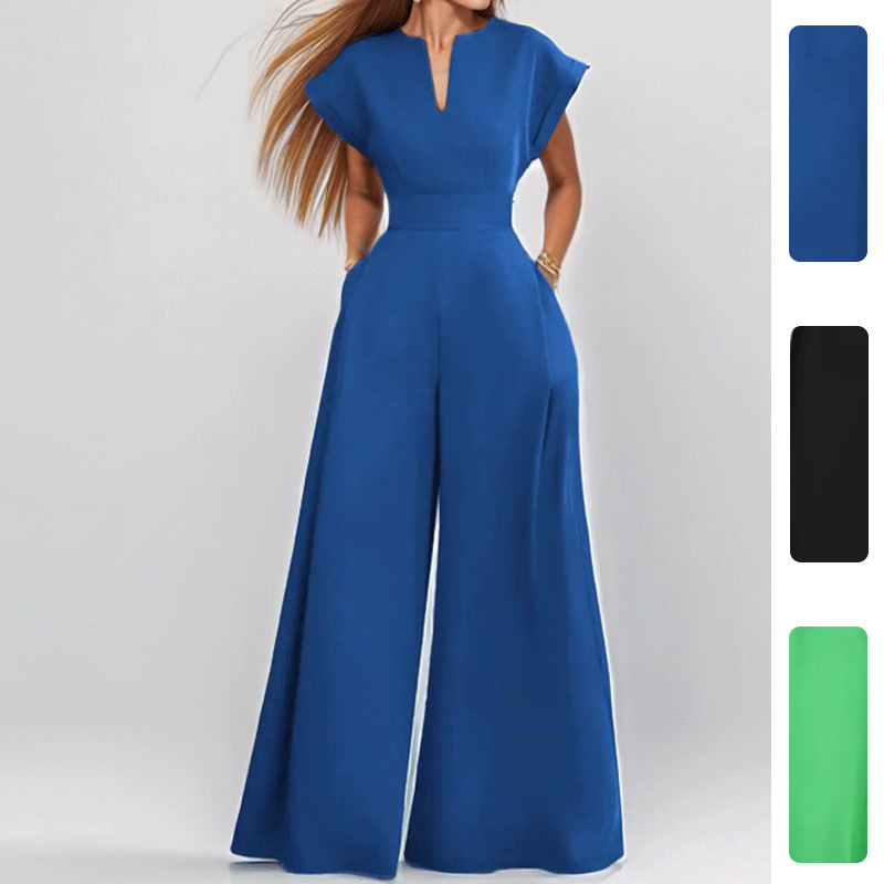 2026 Spring New Cross-Border European and American Women's Clothing Elegant Solid Color High Waist V-Neck Wide-Leg Jumpsuit