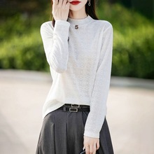 2024年早秋新款半高圆领针织衫镂空提花宽松气质百搭打底衫上衣女