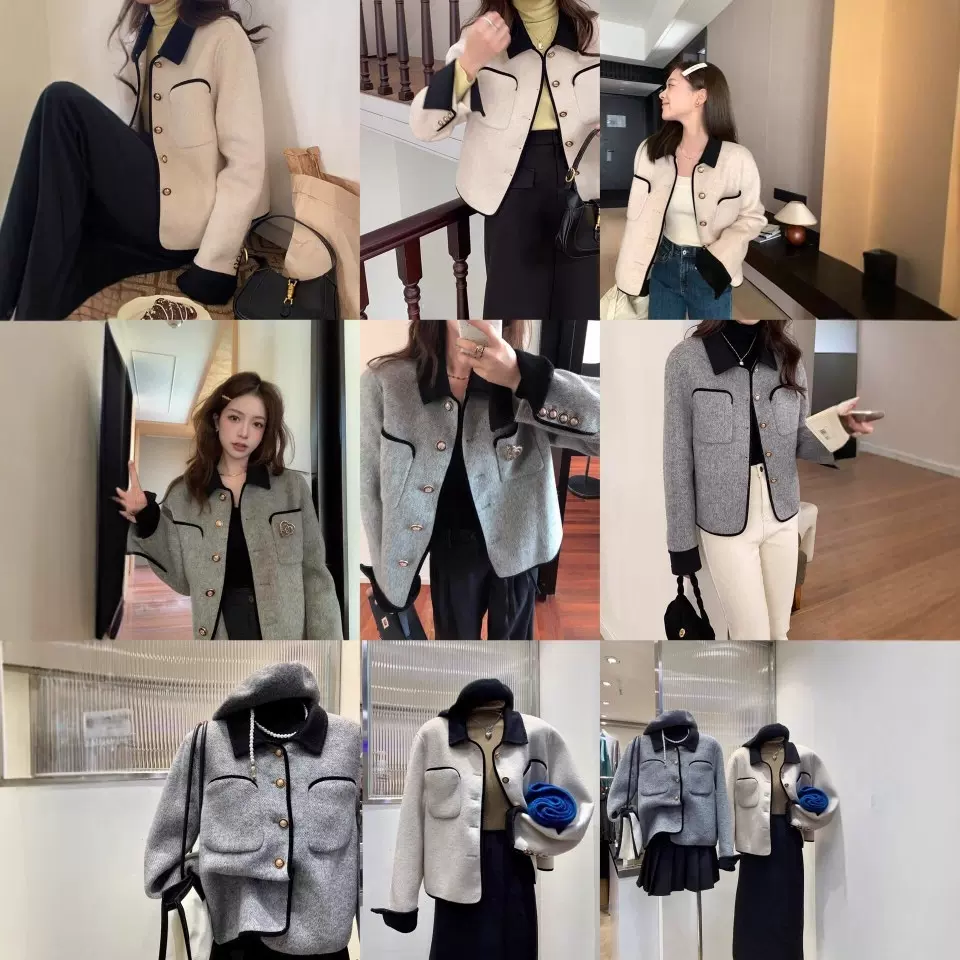 2025秋冬新款双面呢羊绒大衣女短款翻领小香风水貂绒外套女装批发