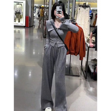 2023秋新款娃娃领时尚套装修身显瘦休闲阔腿裤两件套