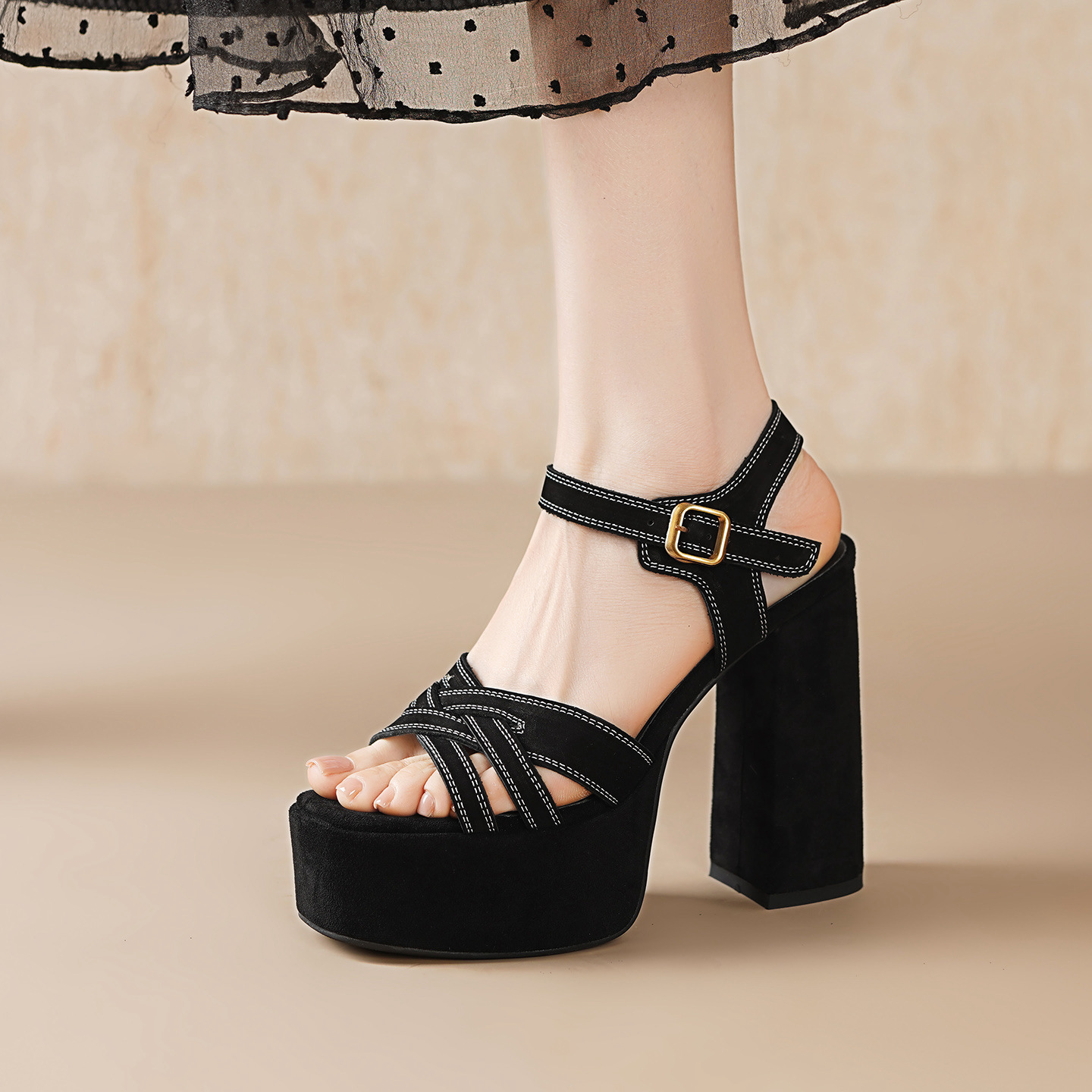 Sandal cao gót nữ hở mũi quai ngang một chữ, gót thô đế dày 12.5 cm — Da bò trắng gạo