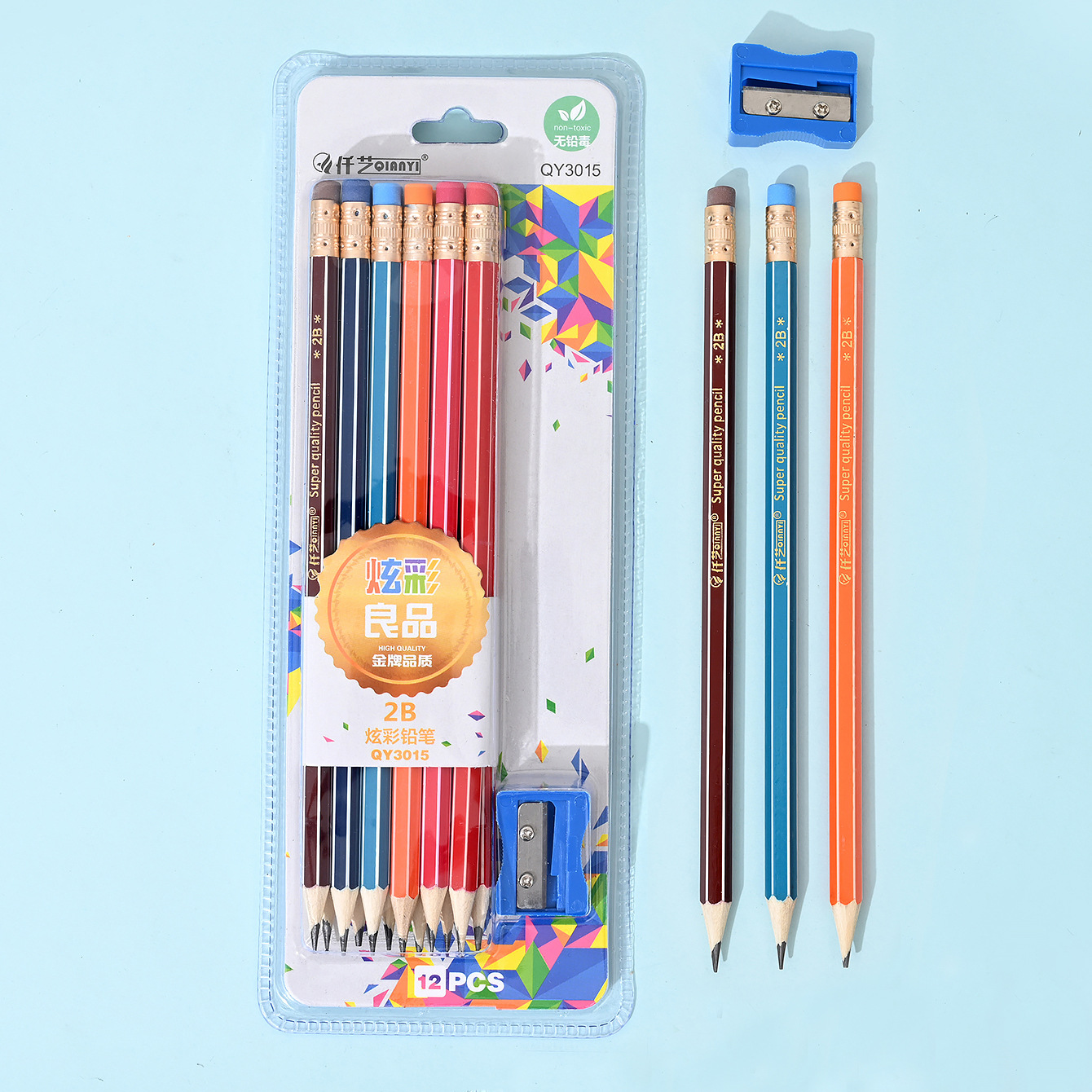 厂家批发2B/HB铅笔小学生12支带卷笔刀皮头卡通学生书写文具笔芯
