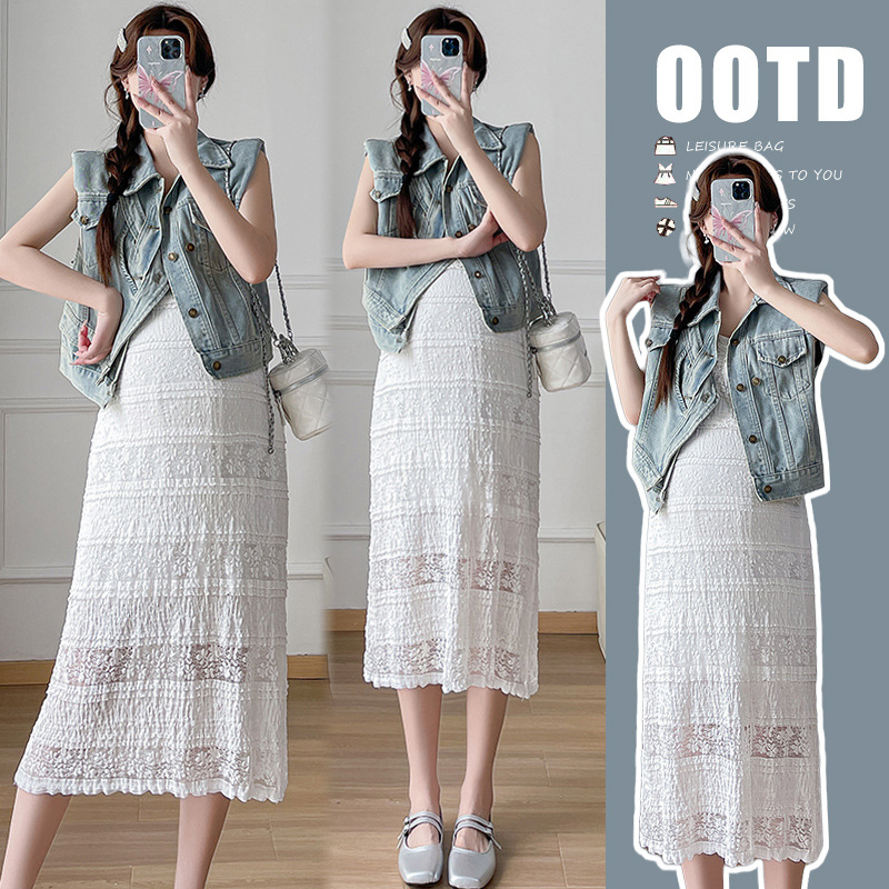 Real shot spot 2025 nueva ropa de maternidad verano chaleco de mezclilla de hombro recto falda con tirantes de encaje traje de dos piezas