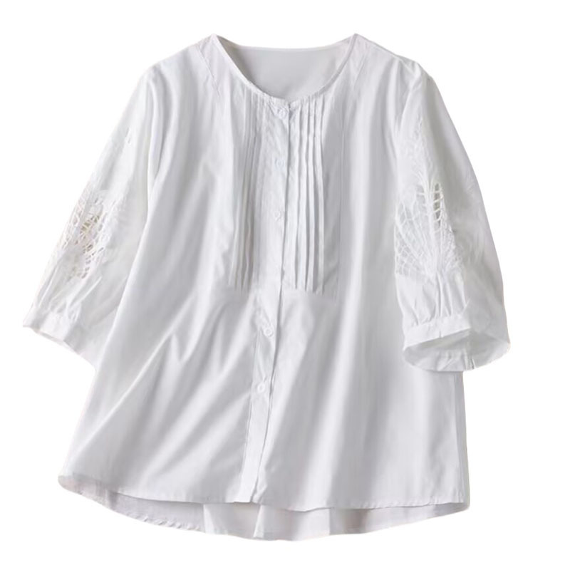 中空刺繍七分袖白シャツ女性用 2025 夏の新スリムコットンシャツ気質年齢軽減トップ女性用|undefined