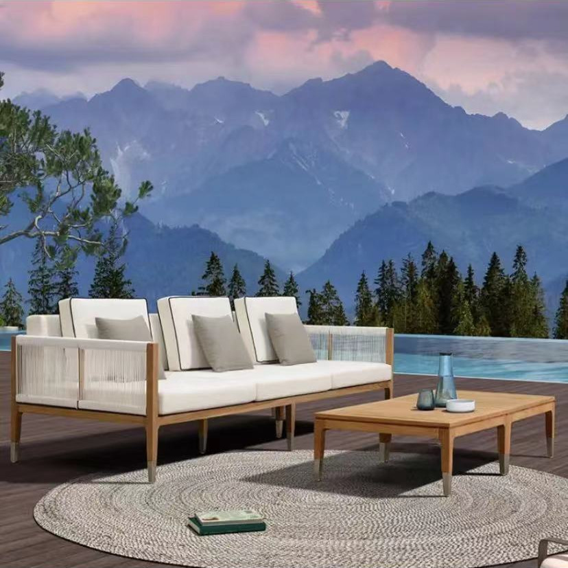 Sofá nórdico patio teca villa jardín terraza hotel al aire libre sofá de tela de caña sofá de madera sólida
