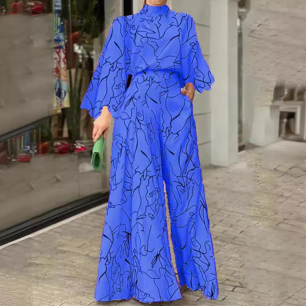 2022 verano europeo y americano ropa de mujer Amazon elegante cintura con cordones de manga larga Halter pantalones impresos mono