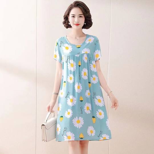 2023 new women's cotton silk printed dress short sleeve summer thin home casual cotton silk nightgown wholesale skirt
