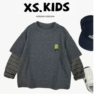 26小怪兽刺绣儿童假两件卫衣条纹袖拼接设计感十足灰调简约不简单
