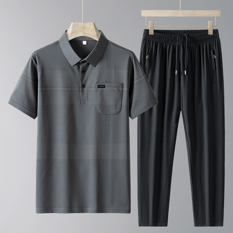 Traje de seda de hielo de verano para papá, camisa de polo de manga corta para hombres de mediana edad y ancianos, pantalones de secado rápido, traje casual de dos piezas de verano de mediana edad para hombres