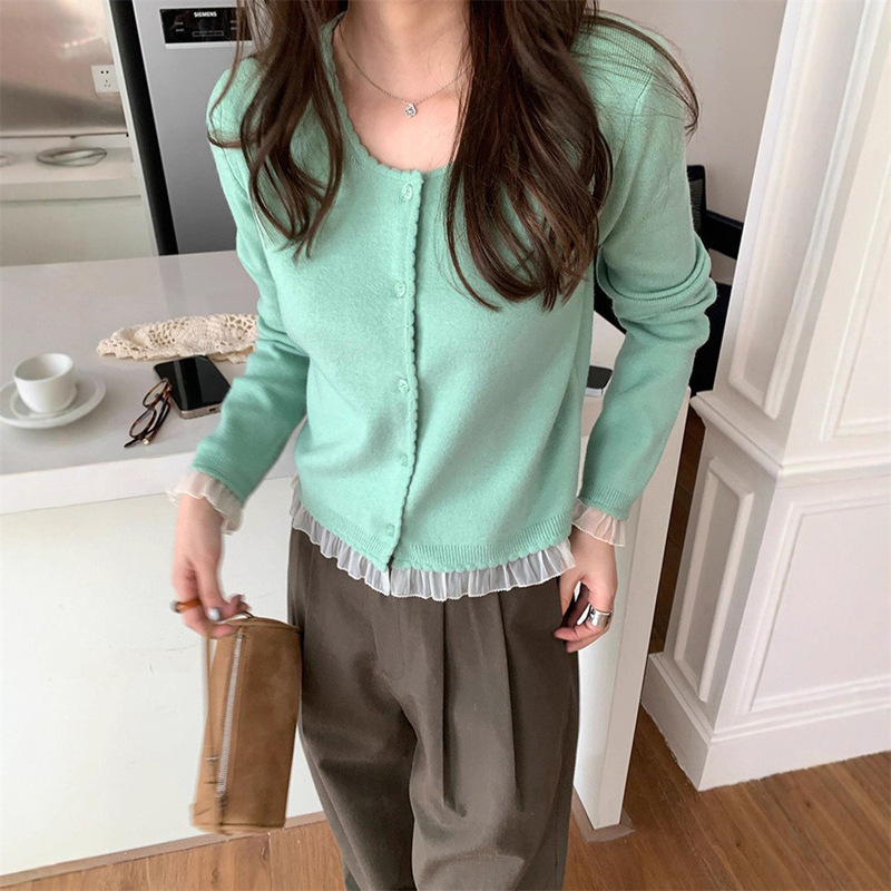 温柔风拼接设计感蕾丝花边针织开衫女秋季新款小个子短款毛衣外套|undefined
