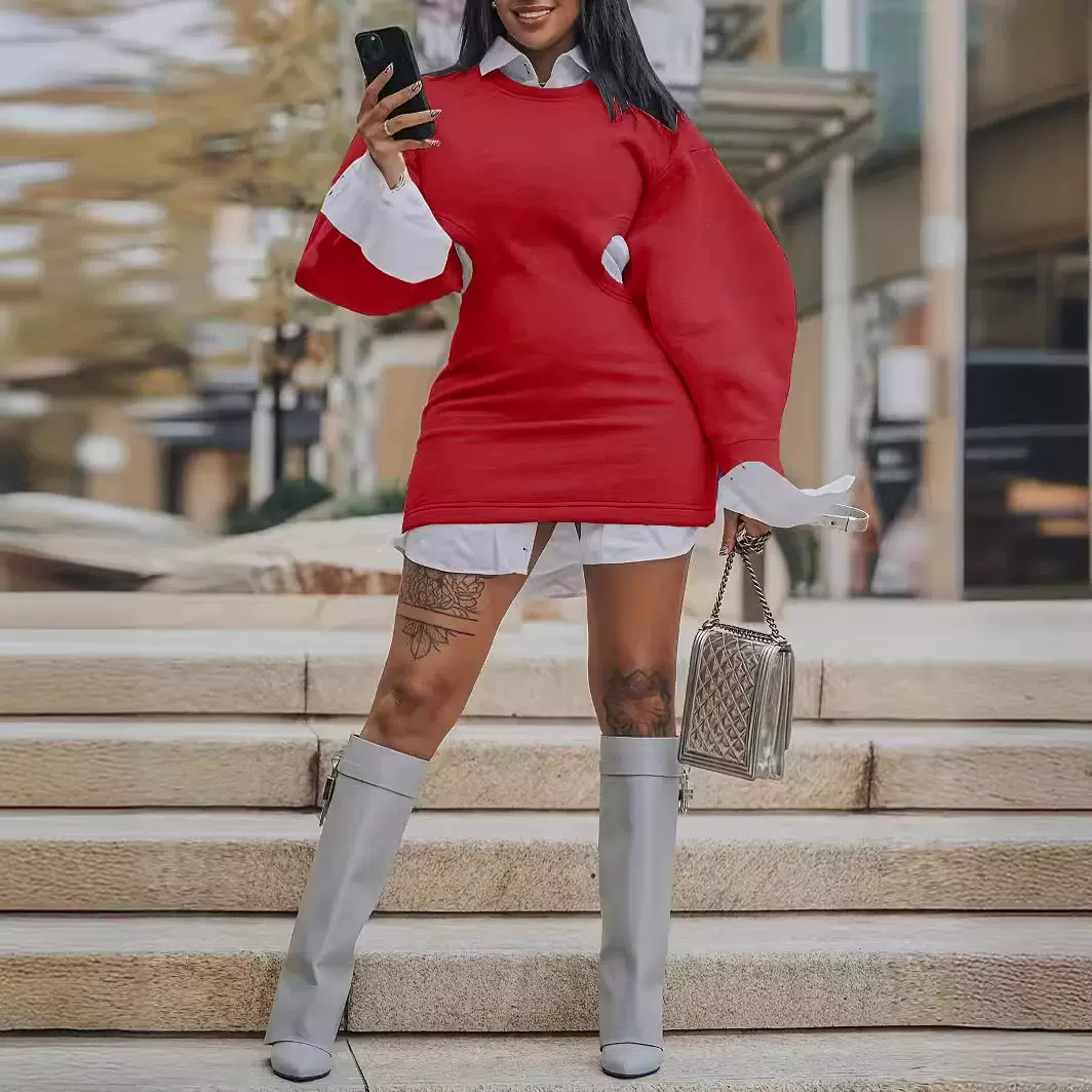 TB5568欧美女装新款秋冬跨境女装镂空灯笼袖性感卫衣大码连衣裙