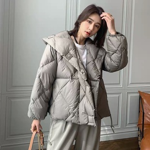 Jiangnan Same Style Women's Short down Jacket 90 White Duck down Loose Casual Warm Diamond Pattern Women's Winter Coat Trendy