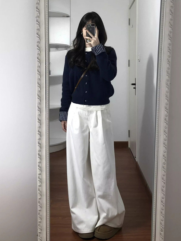 假两件藏蓝色软糯针织开衫春秋季新款韩系慵懒风毛衣外套女上衣|undefined