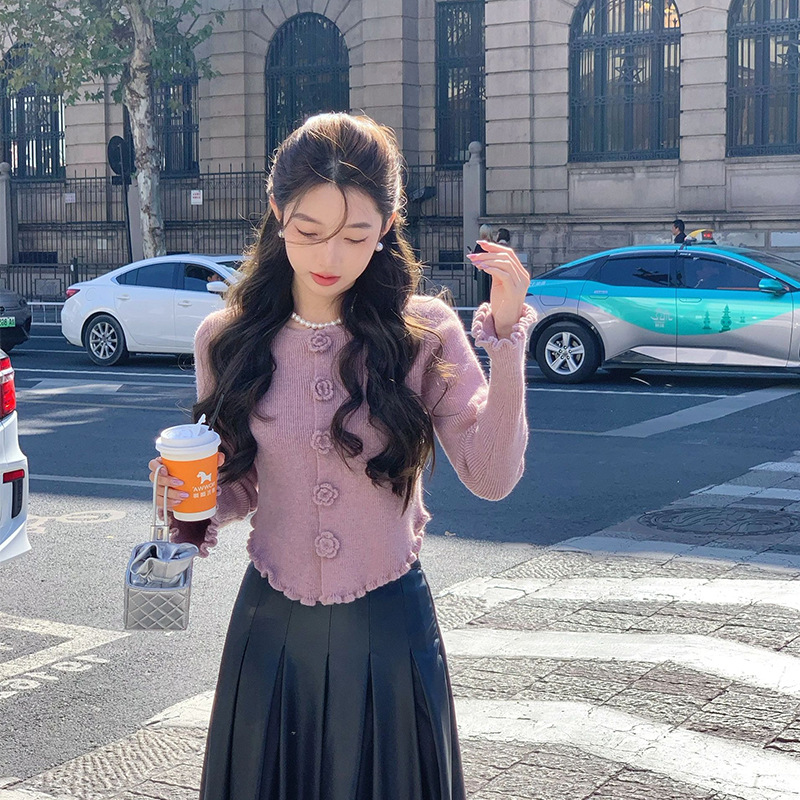 ChicShe ChicShe 2024 Cardigan lavorato a maglia color camelia viola per donna, stile coreano, inizio autunno, unico e bellissimo, cappotto corto versatile_voghion.com