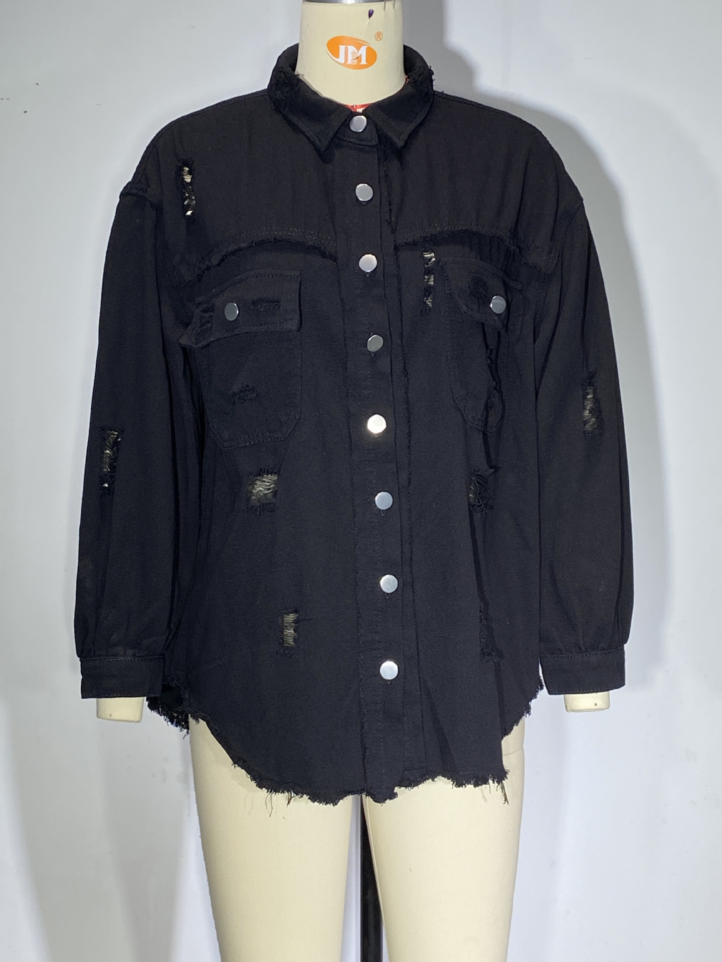 Giacca di jeans donna con volant strappata bavero manica lunga_voghion.com