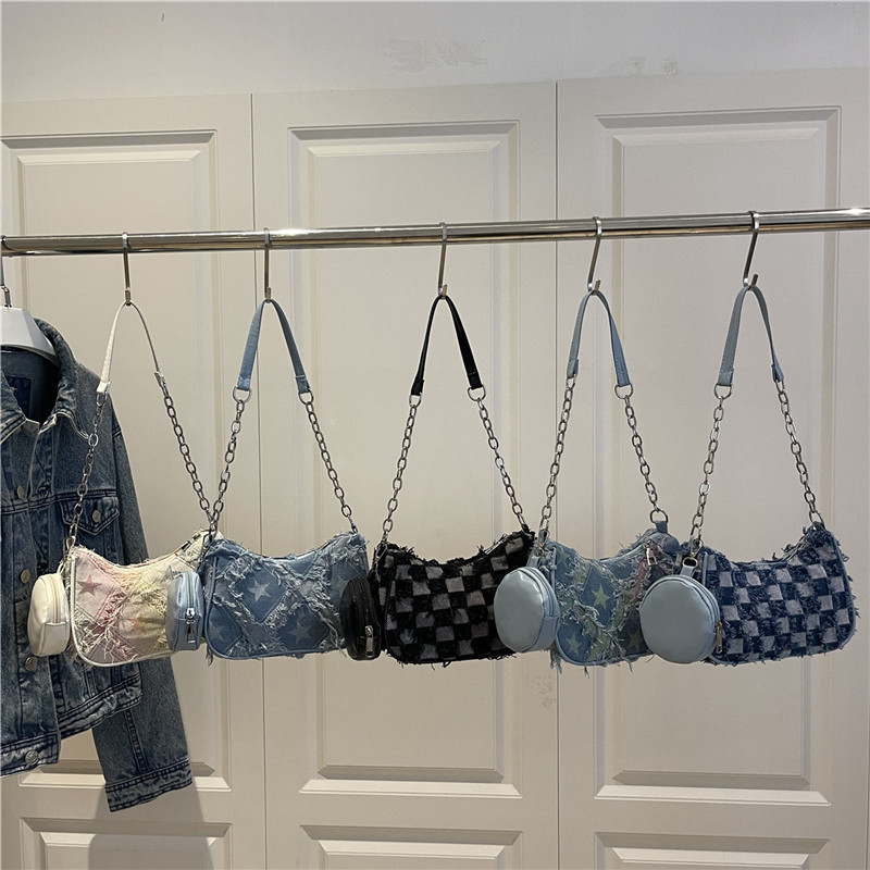 2025 Personalized Denim Plaid Five-Pointed Star Large-Capacity Fashionable Korean Trendyy Chain Armpit Single Shoulder Small Square Bag 2025 Personalized Denim Plaid Five-Pointed Star Large-Capacity Fashionable Korean Trendyy Chain Armpit Single Shoulder Small Square Bag