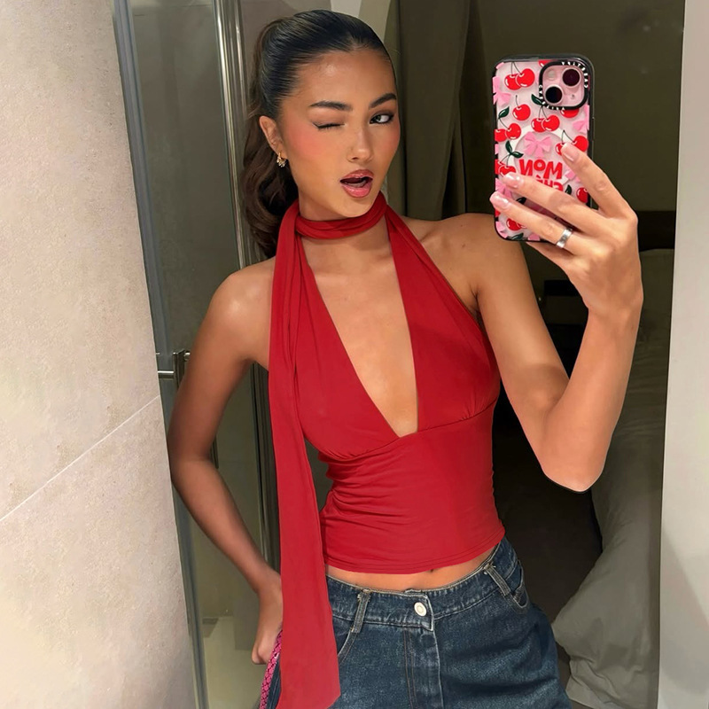 2025 verano venta caliente europeo y americano ropa de mujer transfronteriza cuello con cordones color sólido sexy espalda en V profunda con tirantes delgados