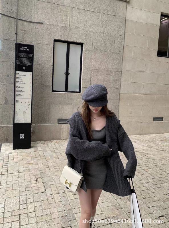 廓形连帽加厚口袋大码针织开衫女秋冬新款韩系设计感小众毛衣外套|undefined