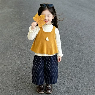 女童套装春秋2026新款儿童洋气时髦秋装女宝宝休闲毛线马甲三件套