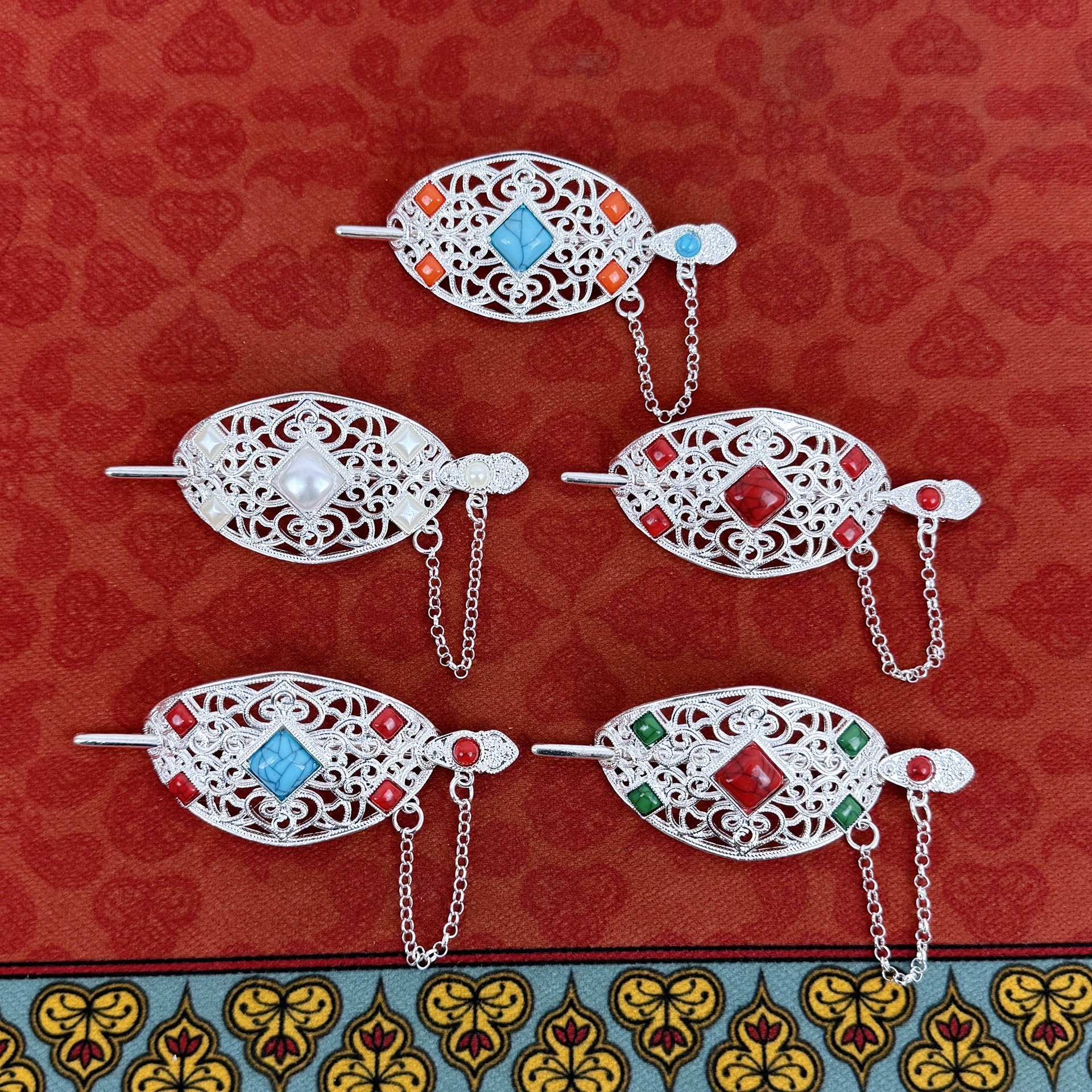 Монгольская заколка в этническом стиле, материал из цинкового сплава, инкрустация имитацией бирюзы, коралловая заколка для волос, костюмные украшения Хань, аксессуары в стиле ретро