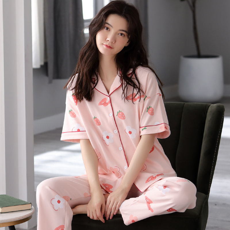 Pijamas mujer primavera y verano fino 100% algodón traje de dos piezas verano Pantalones de manga corta se puede usar fuera más tamaño homewear