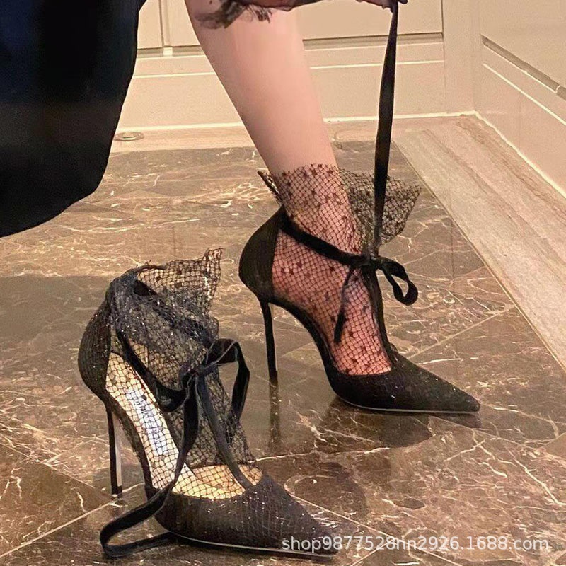 통기성 레이스 메쉬 하이힐 여성 2025 년 새 여름 사이버 연예인 샌들 포인팅 Toe Stiletto Heel Mesh Roman 샌들