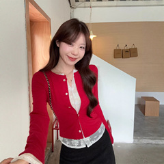 设计感假两件红色蕾丝拼接长袖T恤女2025春秋季别致修身显瘦上衣