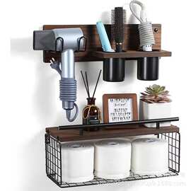 木制壁挂式浮动架浴室带储物篮卷纸吹风机收纳架厨房墙上调料架