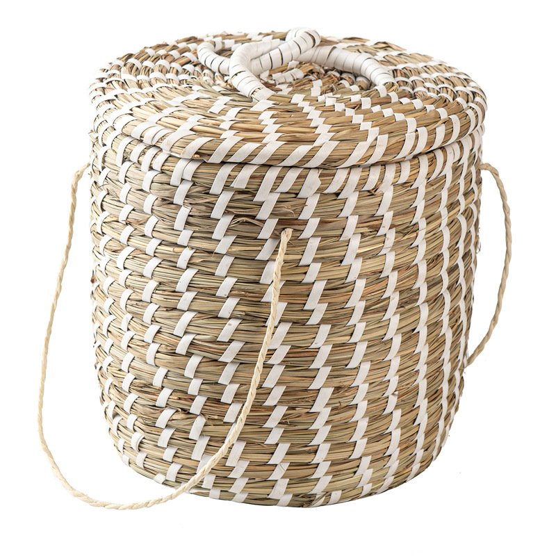 定制草编花篮收纳筐子零食筐家用篮收纳盒手提蕾丝圆形跨境杂物筐
