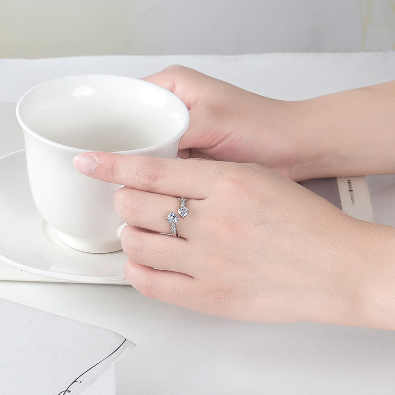 Double Heart Zircon Open Ring For Women Sterling Silver Style_voghion.com