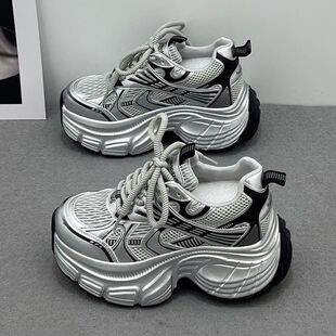 Silver Stacked Inner Height-Increasing Women's Shoes 2025 New Autum Ins Popular Thick-Soled Platform Sports and Leisure Dad Shoes