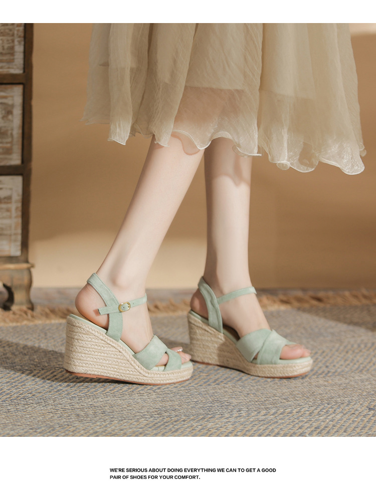 Sandal cao gót nữ hở mũi đế xuồng gót cao 9 cm, quai ngang đan dây thừng — Xanh lá cây nhạtcolor chi tiết 15