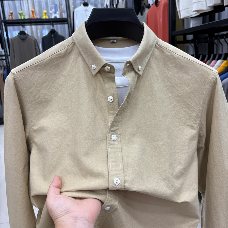 Autumn 100% pure cotton men's long-sleeve shirt, high-quality solid color, business casual, versatile, washed Oxford fabric Autumn 100% pure cotton men's long-sleeve shirt, high-quality solid color, business casual, versatile, washed Oxford fabric