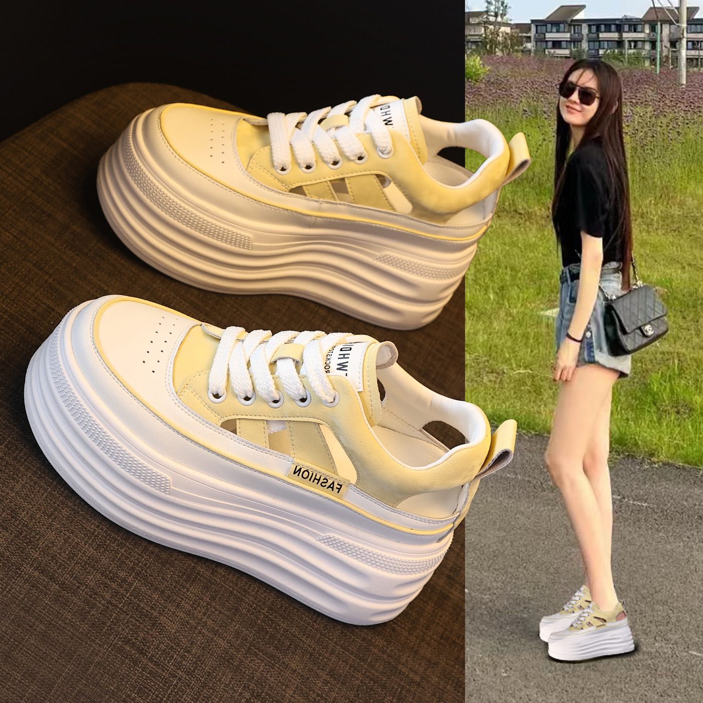 Giày sneaker nữ đế dày tăng chiều cao, phong cách thể thao — màu trắng