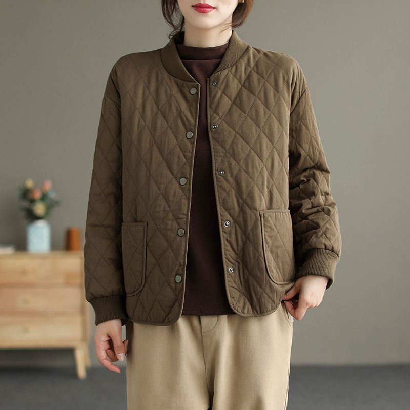 2025新款复古文艺冬季棒球领菱格夹棉棉衣宽松休闲棉服外套上衣女|undefined