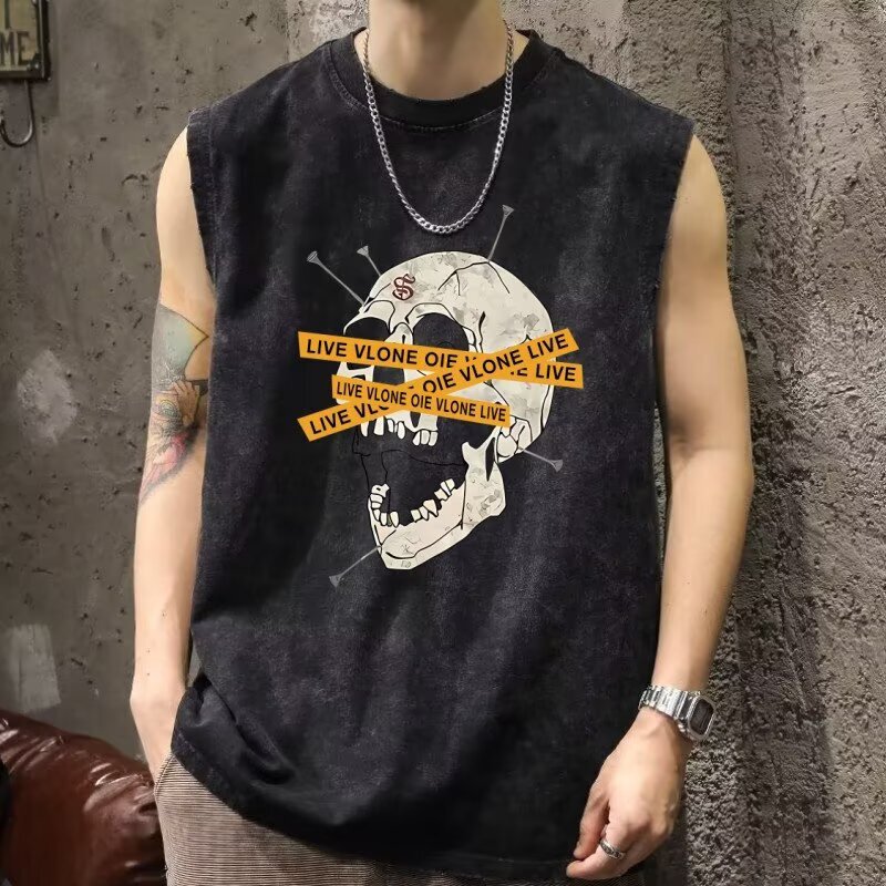 Summer Foreign Trade Ins Trend American Retro Men's Vest Milk Silk Distressed Loose Casual Round Neck Skull Print Summer Foreign Trade Ins Trend American Retro Men's Vest Milk Silk Distressed Loose Casual Round Neck Skull Print