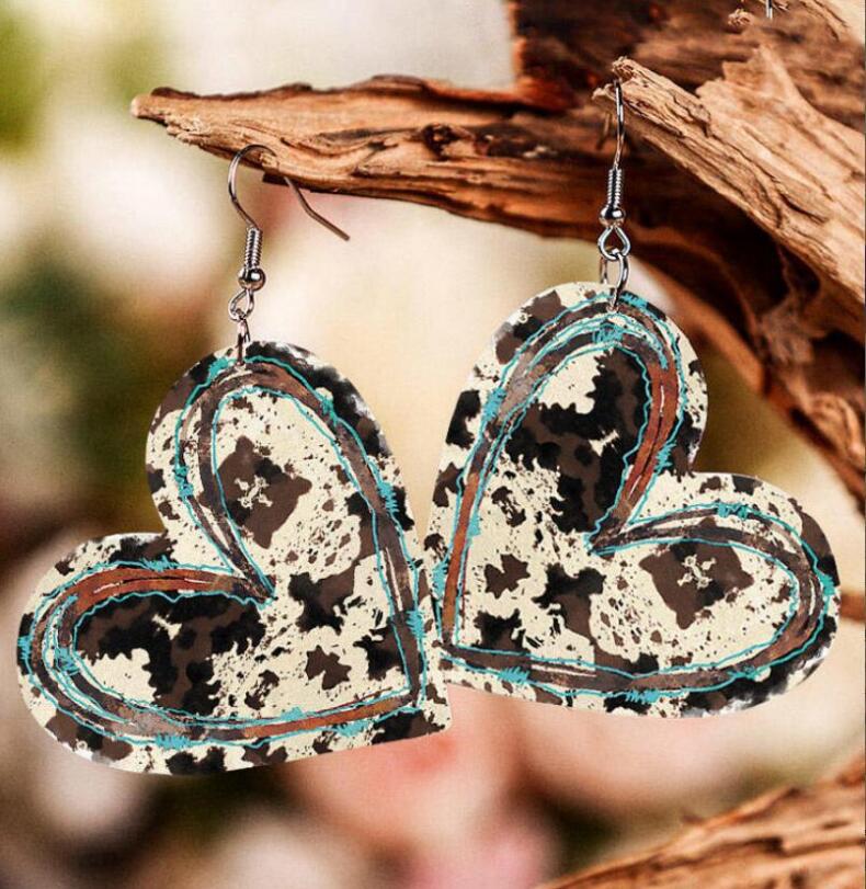 fashion heart leather creative heart-shaped double-sided leopard print pu earrings