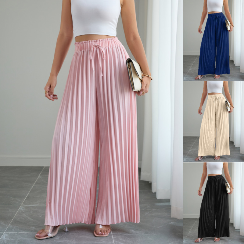 European and American Spring and Summer Women's New Trousers Amazon Independent Station Pure Color Pleated Elastic Waist Lace-Up Loose Wide-Leg Pants European and American Spring and Summer Women's New Trousers Amazon Independent Station Pure Color Pleated Elastic Waist Lace-Up Loose Wide-Leg Pants