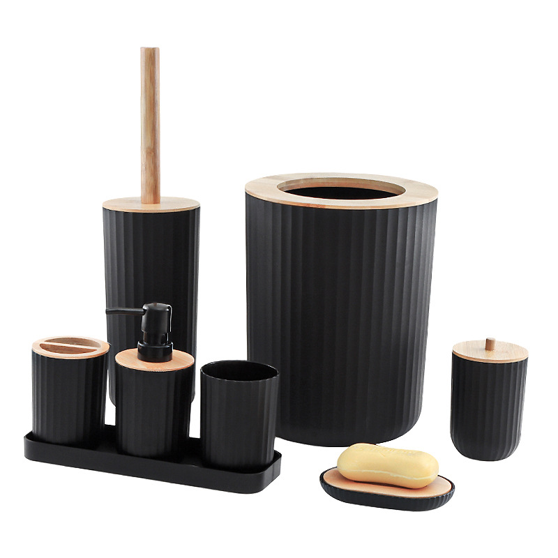 Suministros del hotel de bambú bote de basura cepillo de baño hisopo de algodón caja de almacenamiento Kit de baño caja de bolas de algodón traje de lavado de baño